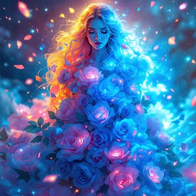 The primary subject of the image is a woman with long, flowing hair, dressed in a flowery dress. She is surrounded by a field of flowers, which adds a vibrant and lively atmosphere to the scene. The visual style of the image is a digital art or illustration, with the woman and flowers depicted in a colorful and detailed manner. The colors and mood of the image are predominantly blue and pink, creating a sense of tranquility and beauty.